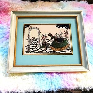 Vintage J. Jensen Victorian Lady in Garden Foil Art Silhouette